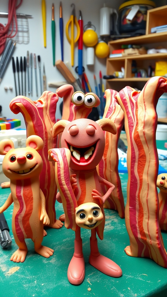 A collection of unique bacon 3D art sculptures in various styles, highlighting creativity and artistic flair.